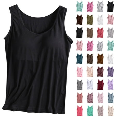 Otntypg Summer Tank Top for Women with Built-in Padded Bra Adjustable Wide Strap Camisole Cotton Cami Vest Trendy Cotton Basic Athletic Workout Yoga Shirts Light Blue XXL