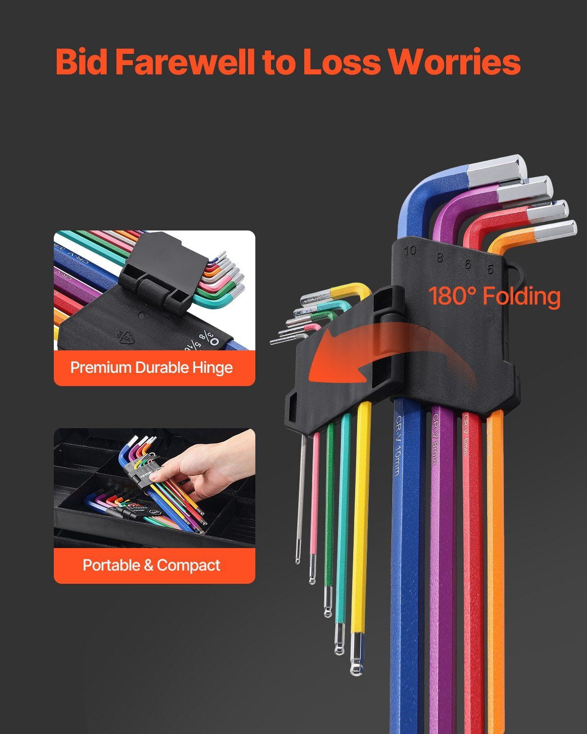 Hex Key Allen Wrench Set 22 Pieces SAE 0.050-3/8 Inch and Metric 1.5-10 mm Ball End Long Arm L Shaped for Bicycle Household Automobile Repair