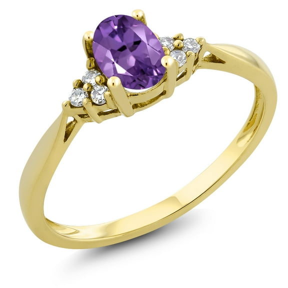 Gem Stone King 14K Yellow Gold Purple Amethyst and Diamond Engagement Ring for Women | 0.35 Cttw | Oval 6X4MM | Gemstone Birthstone | Available in Size 5, 6, 7, 8, 9