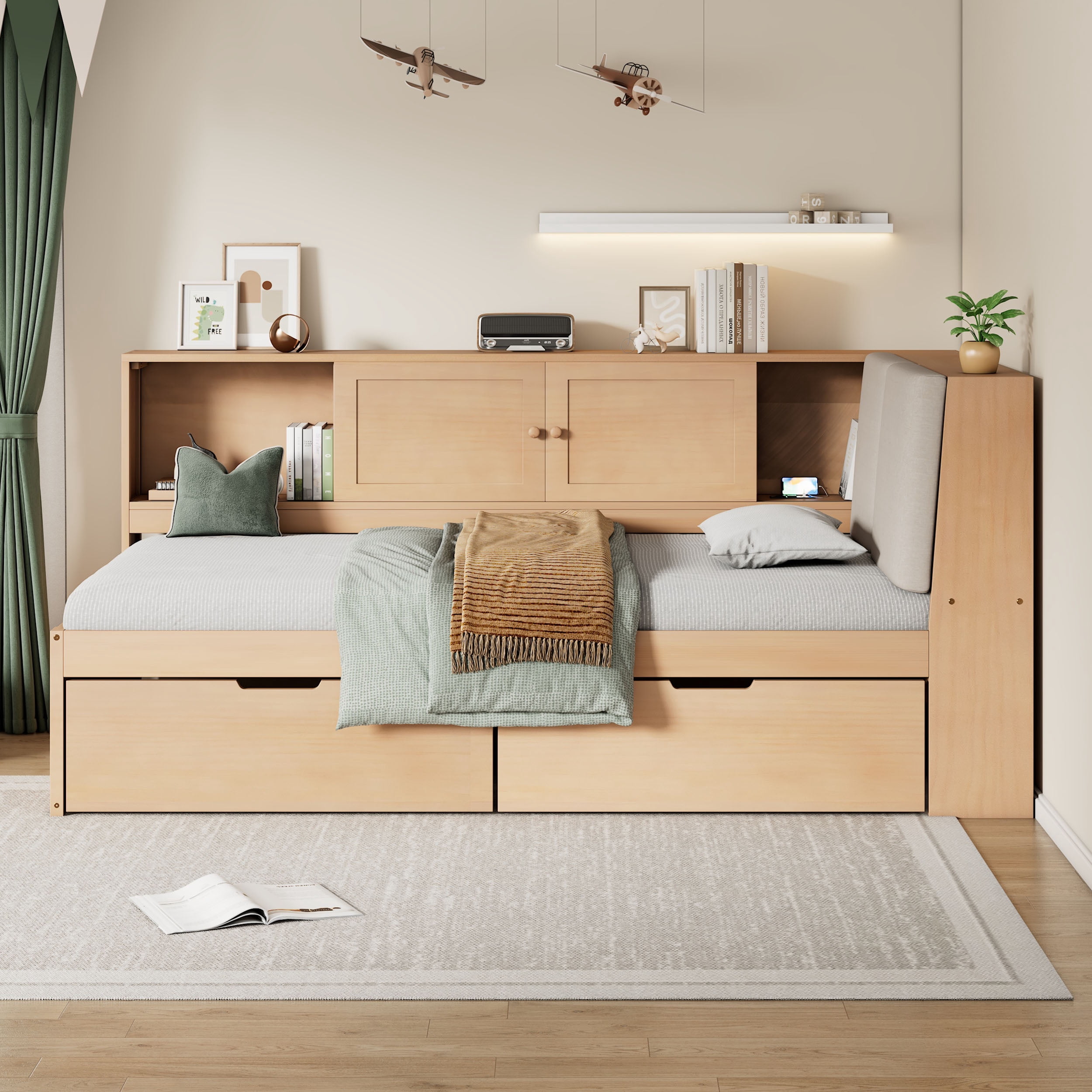 Mintazer Twin Size L-Shaped Corner Bed with Storage Drawers & Bookcase, Daybed with Upholstered Headboard & Charge Station for Home Bedroom Guest Room, Natural