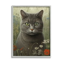 Stupell Industries Grey Cat in Flower Field Animals & Insects Painting Gray Framed Art Print Wall Art, 24 x 30