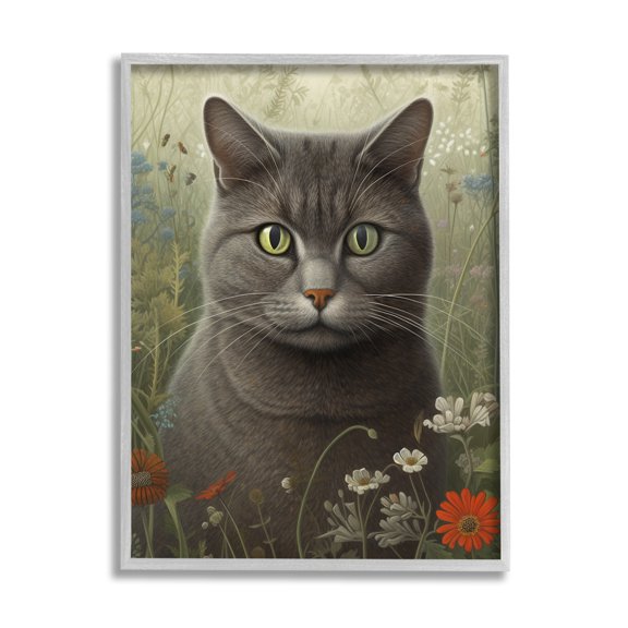 Stupell Industries Grey Cat in Flower Field Animals & Insects Painting Gray Framed Art Print Wall Art, 24 x 30