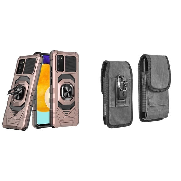 Case with Belt Holster Bundle for Samsung Galaxy A03s: Heavy Duty Series Protection Cover (Rose Gold) and Vertical Rugged Denim Nylon Phone Pouch