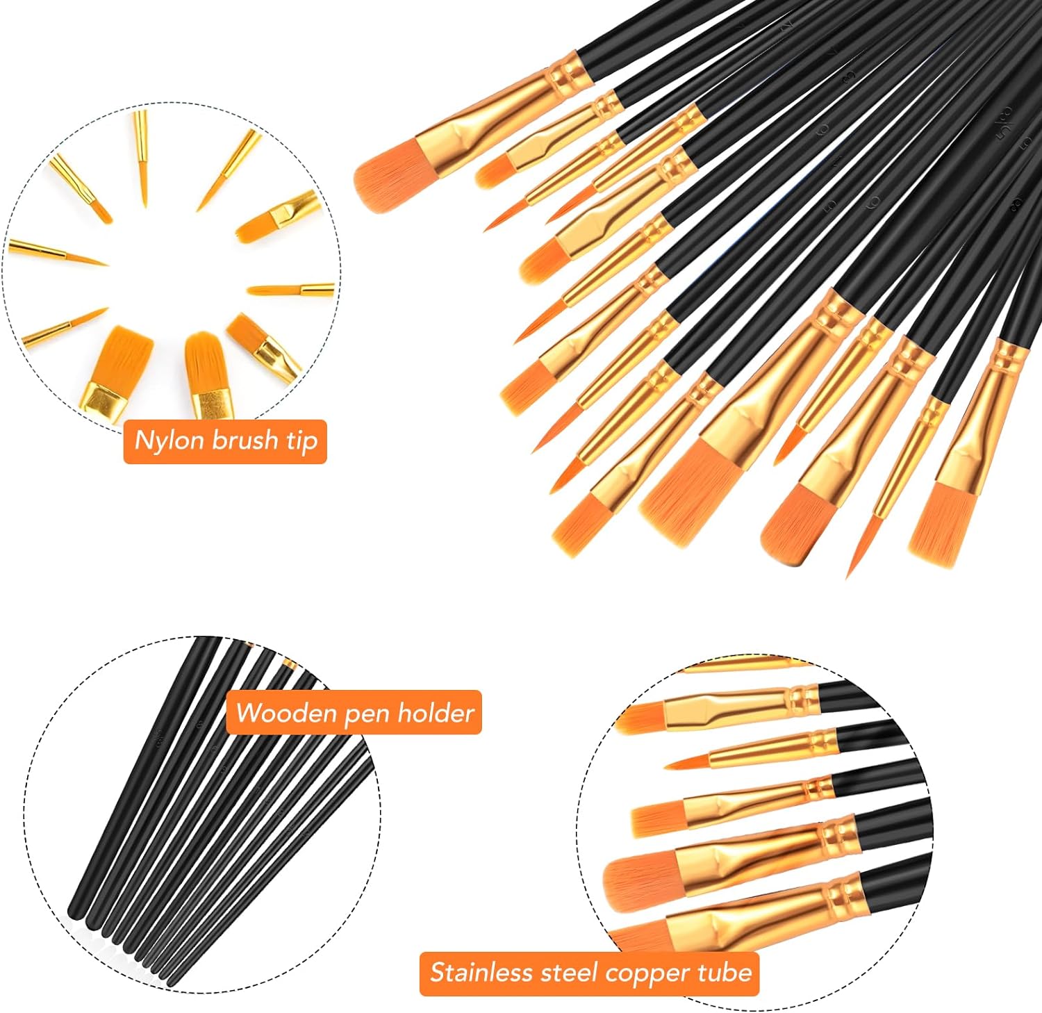 JJEAN-Acrylic Paint Brushes, 6 Packs / 60 pcs Nylon Hair Paint Brush Set for All Purpose Oil Watercolor Painting Artist Professional Kits (Black)