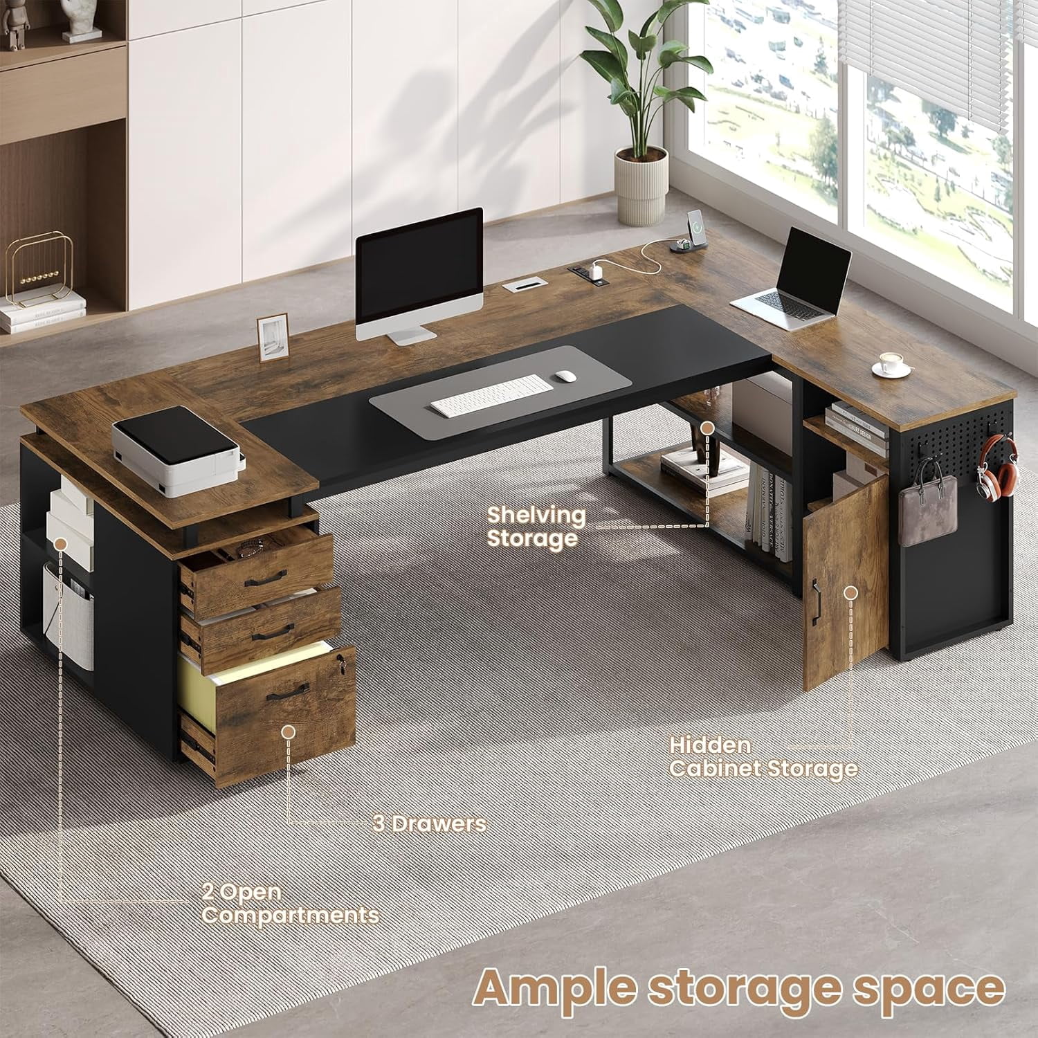 78" Executive Desk with Lockable File Cabinet, L Shaped Executive Desk with Power Outlets, Reversible Computer Desk with Drawers, Storage Shelves and Privacy Screen, Rustic Brown