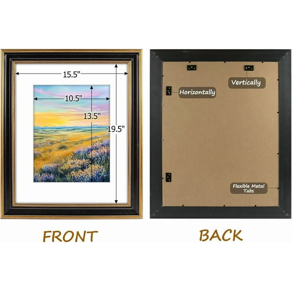 Ornate Gold & Black Photo Frame 16x20 with White Mat for 11x14 Picture, HD Real Glass Wall Mount