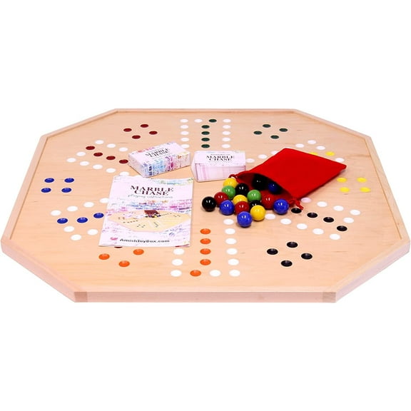 AmishToyBox.com Wooden Marble Chase Cards N' Marbles Board Game Set - Large 25" Wide Board - Double-Sided - Includes 1" Marbles and Playing Cards