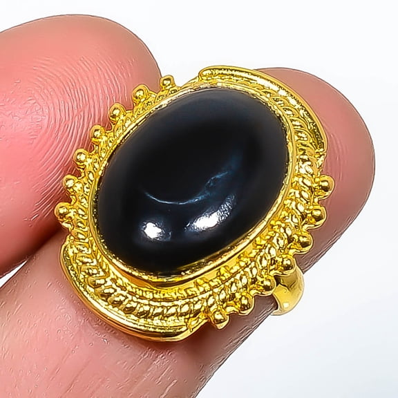 Natural Black Onyx 925 Silver 18k Yellow Gold Plated Ring Size 6.5|Handmade Ring, Gift for her, Black Ring, Gemstone Silver Jewelry