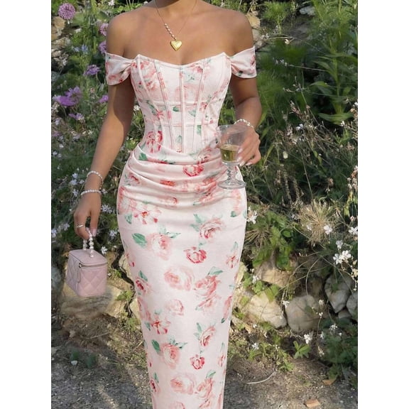 Pink Floral Print Off Shoulder Ruched Fitted Maxi Dress For Women