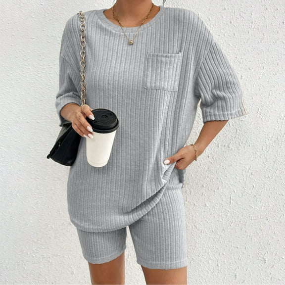Hauaitttt Womens 2 Piece Outfits Ribbed Short Sleeve Top and Shorts 2 Piece Loungewear Outfits with Pockets Swim Short Bottoms for Women Swimming Trunks for Women Womens Swimming Suits Swimming Suit