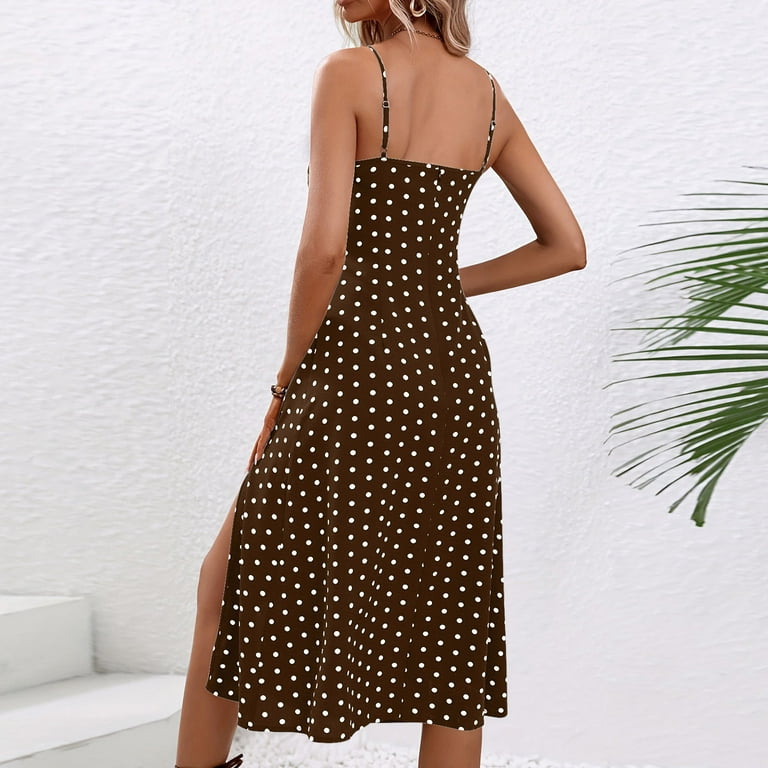 princess polly baby blue dress SMihono Women's Summer Spaghetti Strap Dress Polka Dot Print Split Side  Ruffle A Line Swing Long Dress Brown 12