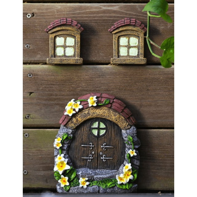 Decoración marrón para tronco de árbol, casa de duendes, duendes, hadas, decoración de jardín de hadas, puerta, ventanas