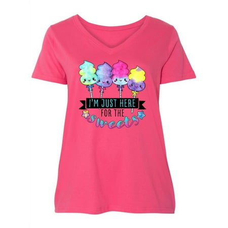 

Inktastic I m Just Here for the Sweets with Spun Sugar Candy Women s Plus Size V-Neck
