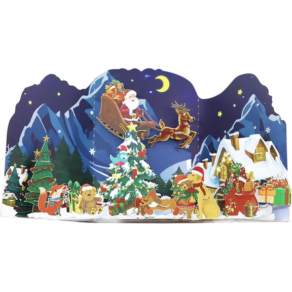 SATONA 3D Pop-Up Christmas Greeting Card, Winter Village Scene with Santa, Sleigh, Reindeer, Christmas Trees and Envelope