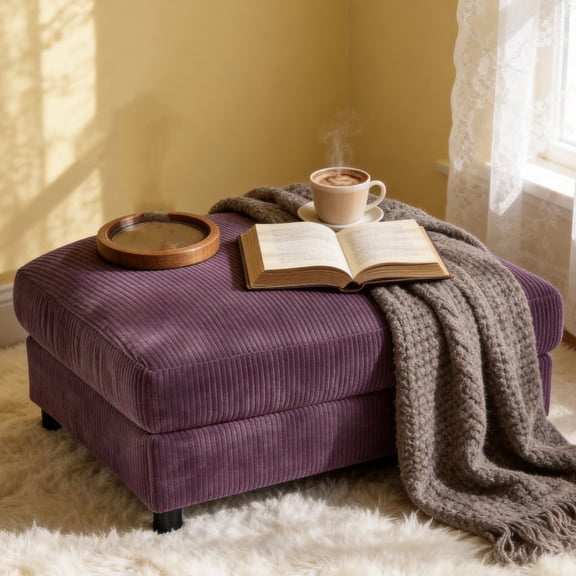 Cterwk Corduroy Upholstered Ottoman for Living Room, Bedroom, Office, Purple