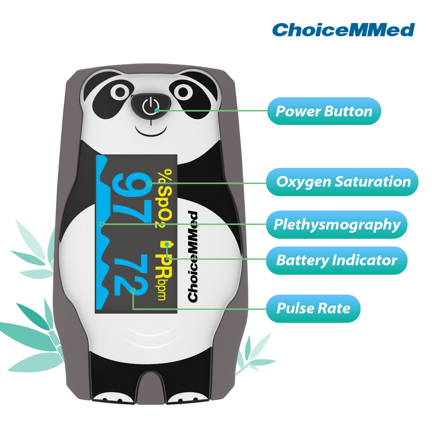 CHOICEMMED OLED Panda Pediatric Pulse Oximeter Fingertip – SP02 Pulse Oximeter for Kids – Children Blood Oxygen Saturation Monitor with Color OLED Screen - Child O2 Saturation Monitor with Batteries