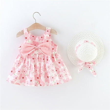 

kpoplk Baby Girls Dresses Toddler Girls Sleeveless Bowknot Dresses Floral Printed Princess Cute Dresses For Teen Girls(Pink)