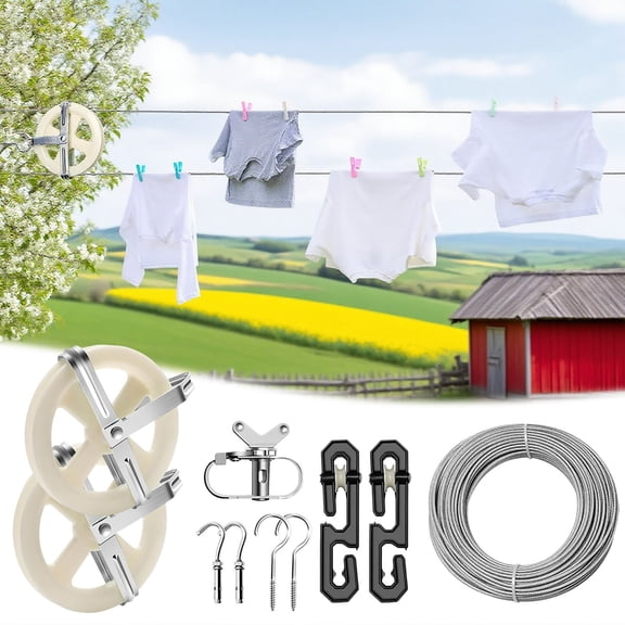 EcoNest Outdoor Clothes Drying Line Set Including Steel Wire Rope 5 Inch Pulley S Shaped Divider Tensioner Screws Hooks And Expansion
