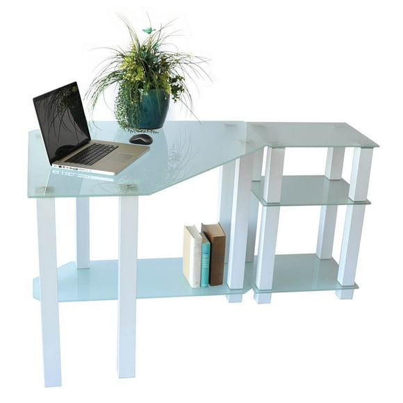 RTA Home & Office  Clear Tempered Glass Corner Computer Desk with Right Extention Table, White