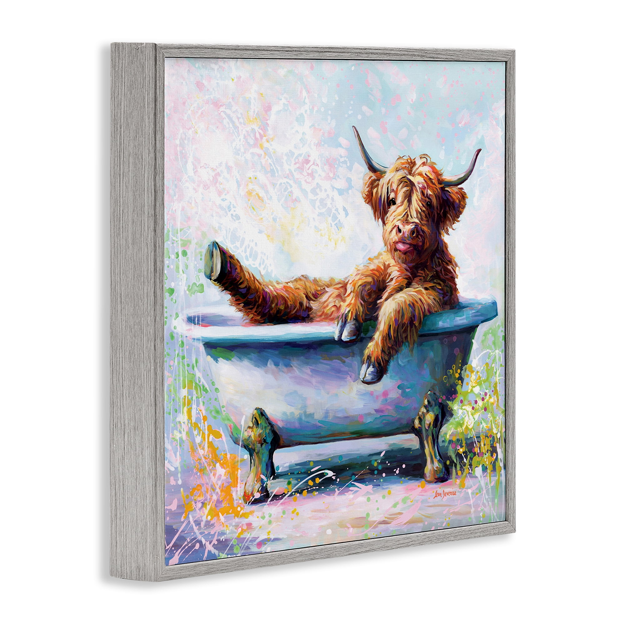 Stupell Industries Splashing Baby Cow Typography Painting Gray Framed Art Print Wall Art, 12 x 12