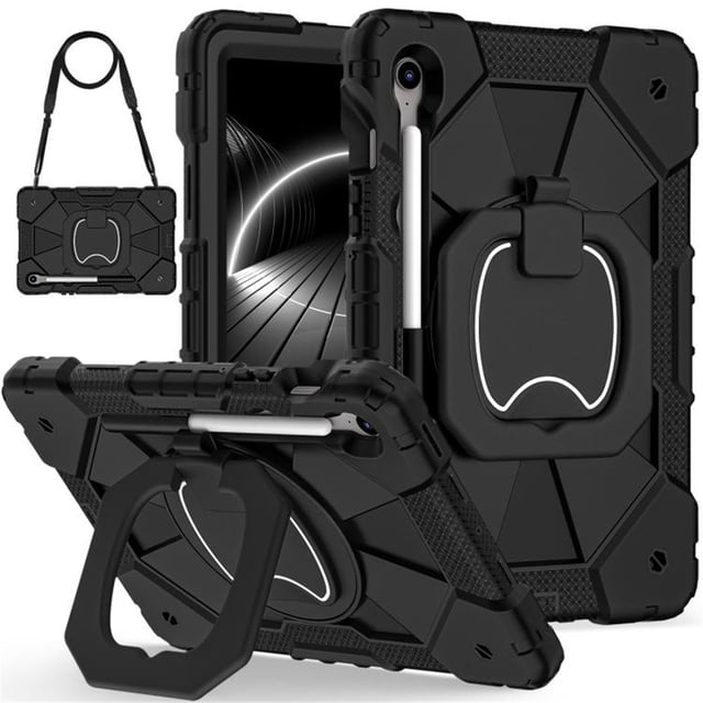 Funda Resistente a Golpes para Samsung Galaxy Tab S10 FE, Galaxy Tab S9 FE, Galaxy Tab S9, Funda Protectora de Silicona + Capa de PC Anti Caída con Asa Cuadrada Giratoria de 360° y Correa para el Hom