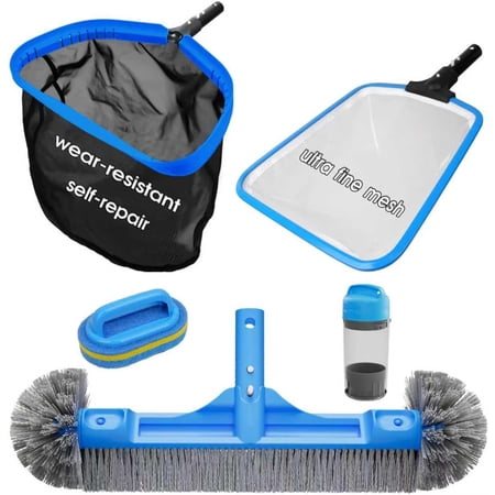 All in One Pool Cleaning Kit – 18 Repairable Pool Nylon Net & 18 Detachable Round Brush & 11 Fine Mesh Skimmer Net & Pool Chlorine Floater & Handy Scrubber for Water Line Cleaning