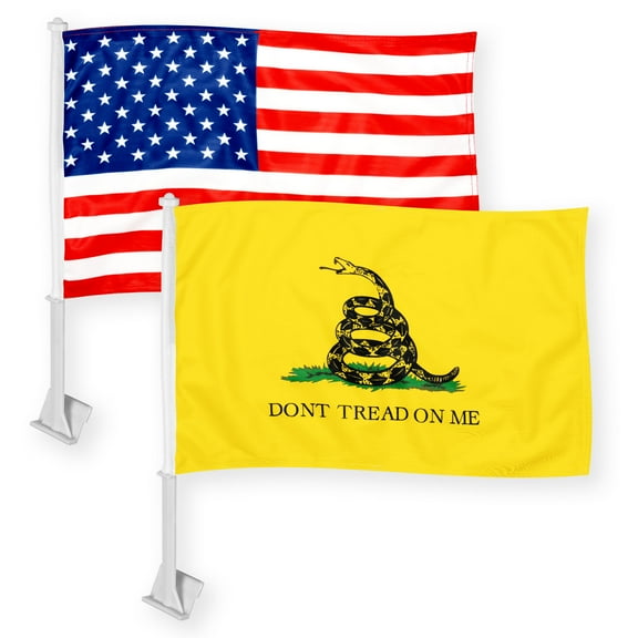 G128 Combo Pack: American USA Car Flag & Gadsden Don't Tread On Me Car Flag 11x17 In | Both Double Sided Printed 150D Polyester | Flagpole Included | Perfect for Festival Celebrations, Parades
