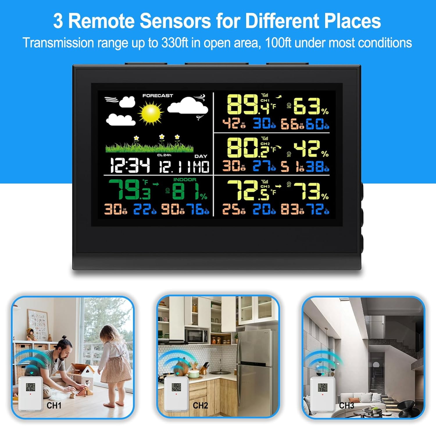 Indoor Outdoor Thermometer Wireless, Color Display Weather Stations with Multiple Sensors, Indoor Outdoor Thermometer Hygrometer for House with Min/Max Record, Weather Forecast, Alarm Clock