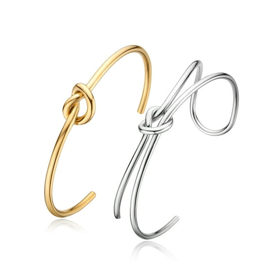 2pcs Stainless Steel Tie Heart Knot Cuff Bracelet for Women,Thin Wire Open Bangle Twist Knot Bridesmaid bracelet with 14k Real Gold Plated