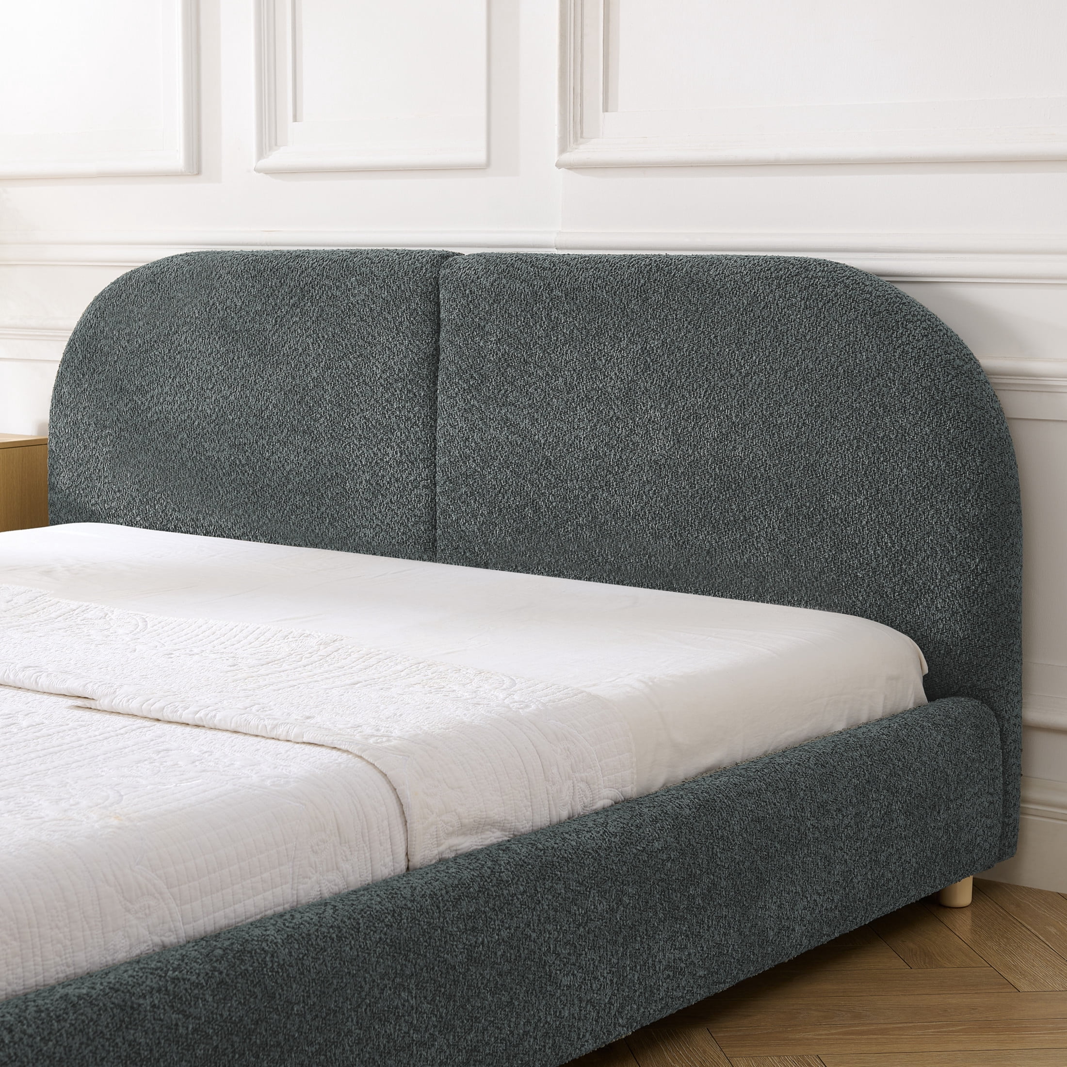 Noble House Roland Queen Size Yarn Upholstered Bed Frame, Tall Curved Headboard Platform Bed, Sturdy Support, Dark Gray