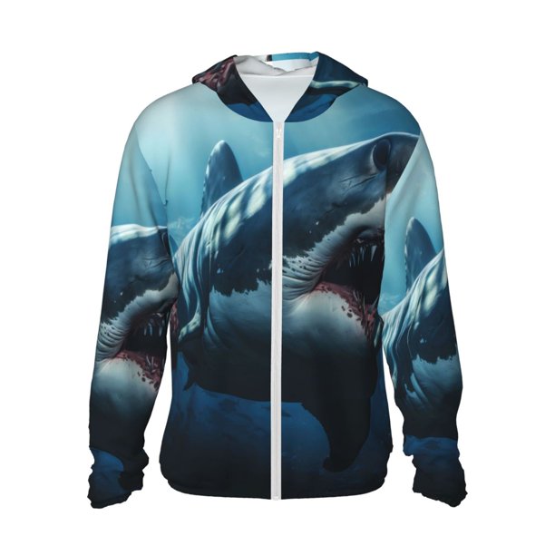 Fotbe 3D Realistic Shark Chaqueta con Protección Solar UPF 50+ para Hombre y Mujer, Camisa con Capucha y Bolsillos-XX-Large