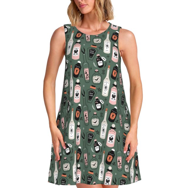 Balery Halloween Potions Vestidos de verano para mujer con estampado: vestido holgado sin mangas, vestido playero informal y cómodo para días calurosos.