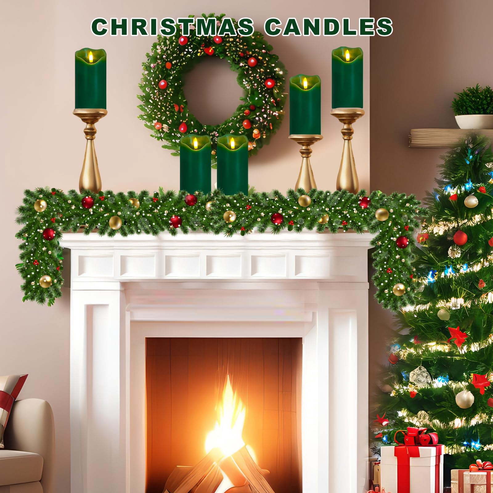 Flameless Candles Light, Set of 2 6"x3" Flickering Christmas Flameless Candles with Remote & Timer, Dimmable Real Wax Pillar Candles Battery Operated, Green Candles for Home Xmas Decor