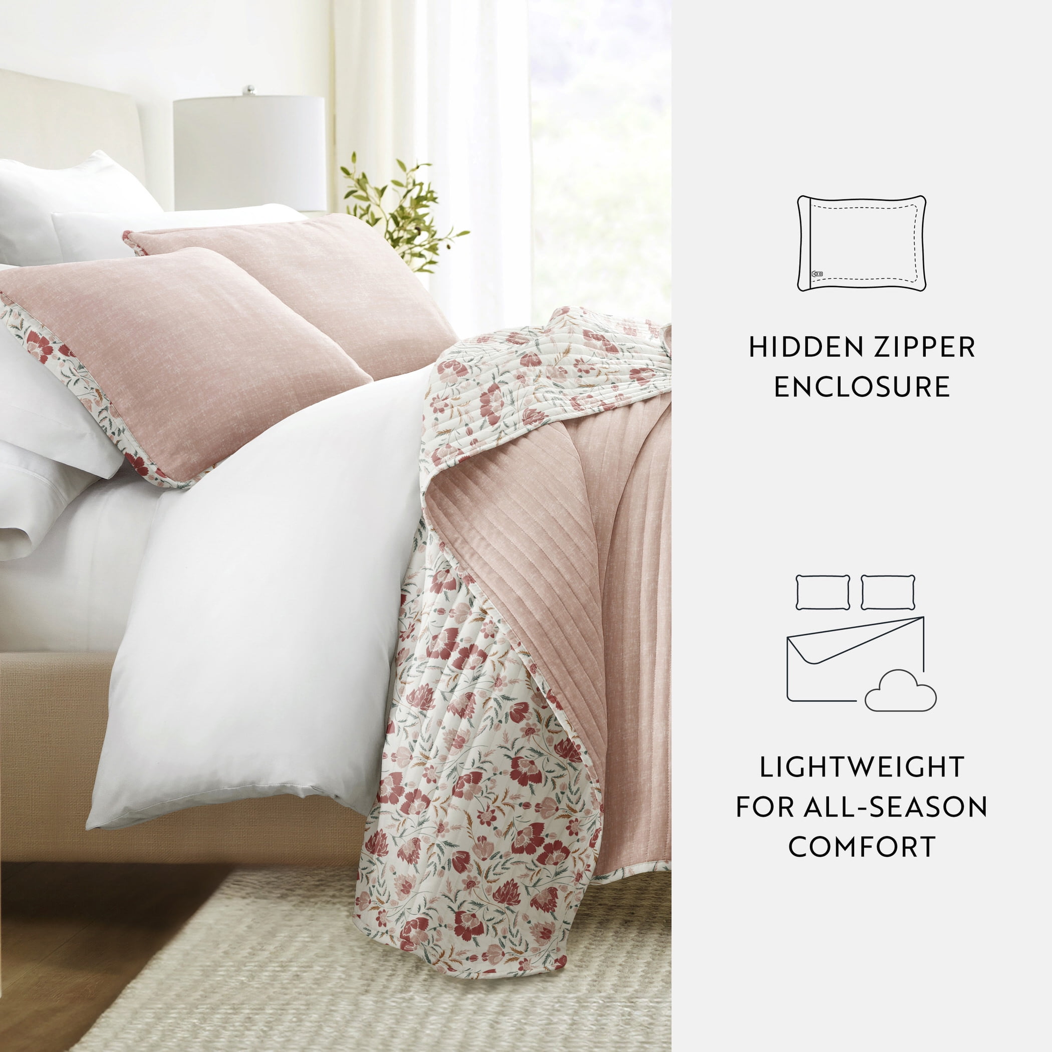 Noble Linens 3-Piece Rose French Jacobean Reversible Quilt Set, Queen
