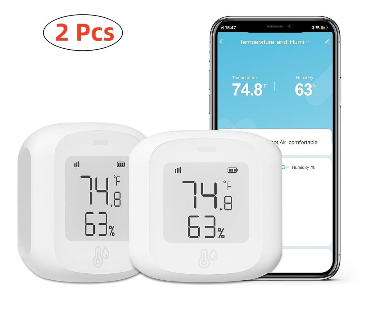 2 PCS WiFi Temperature Humidity Sensor,Thermometer Hygrometer Monitor with App Alert, Mini Thermometer Humidity Sensor(Only 2.4G)