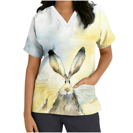 

Ecqkame Womens Nursing Scrub Tops Casual Short Sleeve V-neck Tops Easter Bunny Rabbit Printed Working Uniform Blouse T-shirt With Pocket Blouse Yellow XL on Clearance