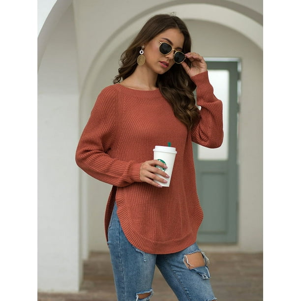 Pntutb Ladies High Neck Sweaters Women S Long Sleeve Round Neck Pullover Split Solid Color top Round Neck Sweater Walmart