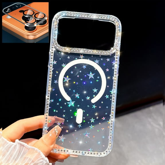 Allytechgroup Glitter Bling Case for Apple iPhone 17 Pro, with Camera Lens Protector [Compatible with Magsafe] Sparkle Stylish Luxury Anti-Scratch Magnetic Clear Phone Case for Women Girls