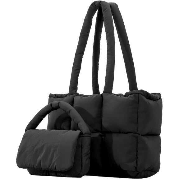 LinYooLi Puffer Tote Bag Large Soft Trendy Quilted Tote Bag for Women Light Cotton Padded Shoulder Bag with a Small Bag