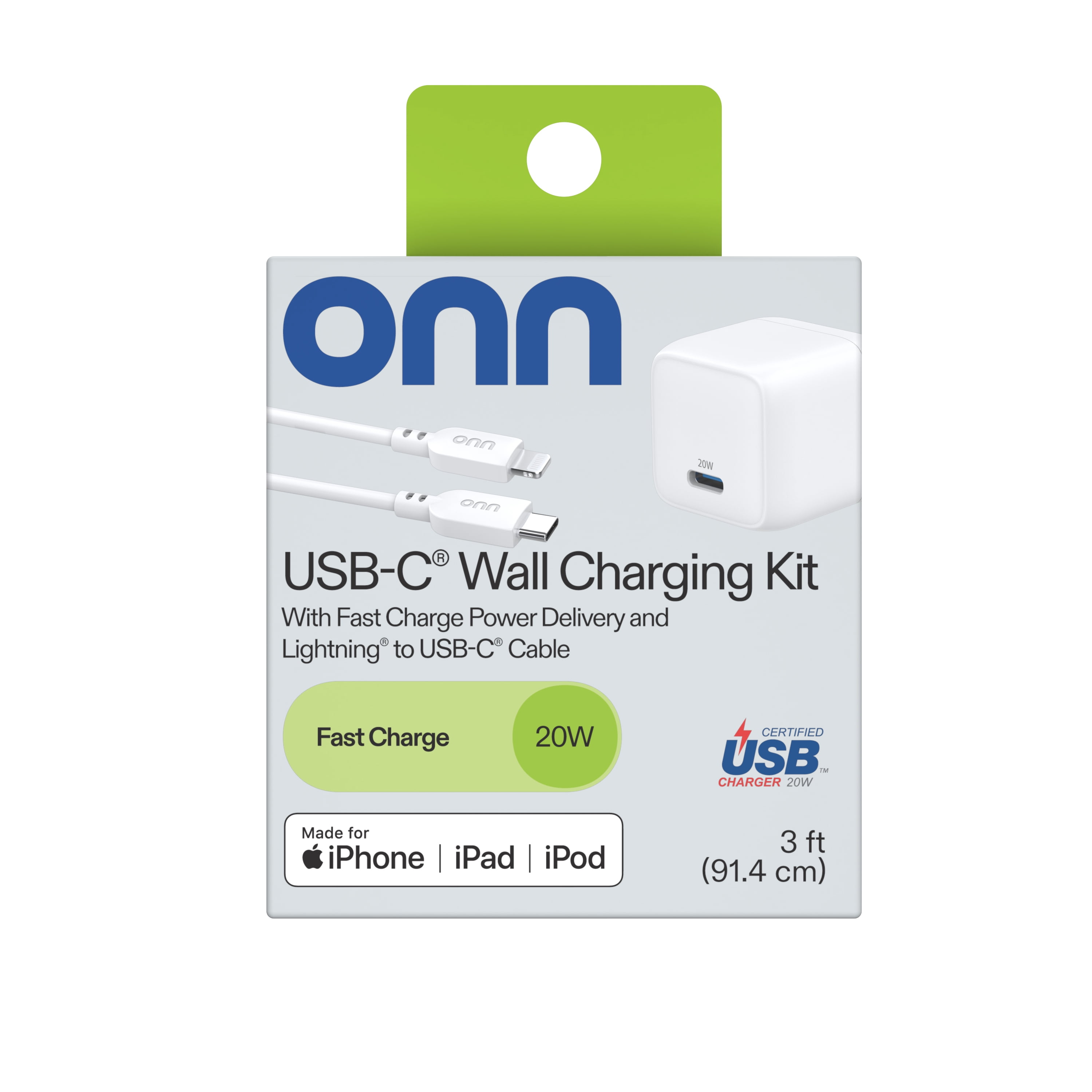 (5 pack) onn 20W Single USB-C Port Wall Charger with 3ft Lighting to C Cable, Fast Charging, MFI & USB-IF Certified, Foldable Plug, White
