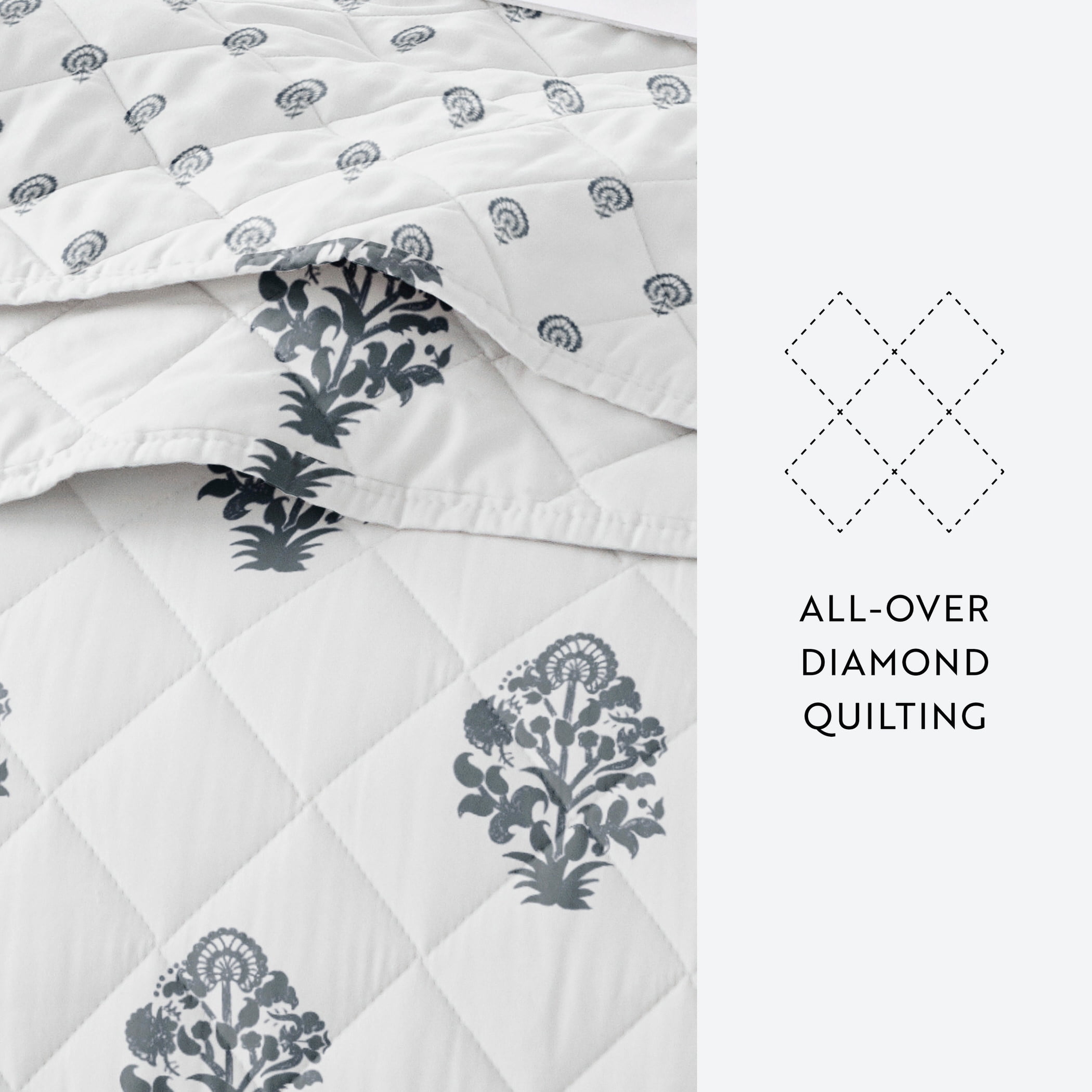 Noble Linens 3-Piece Dusk Blue Stamped Bloom Reversible Quilt Set, King