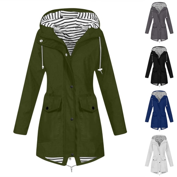 Cloaraye Womens Rain Jacket Striped Lining Waterproof Raincoat with Drawstring Hood Button Down Zip Up Windbreaker Jacket with Pockets