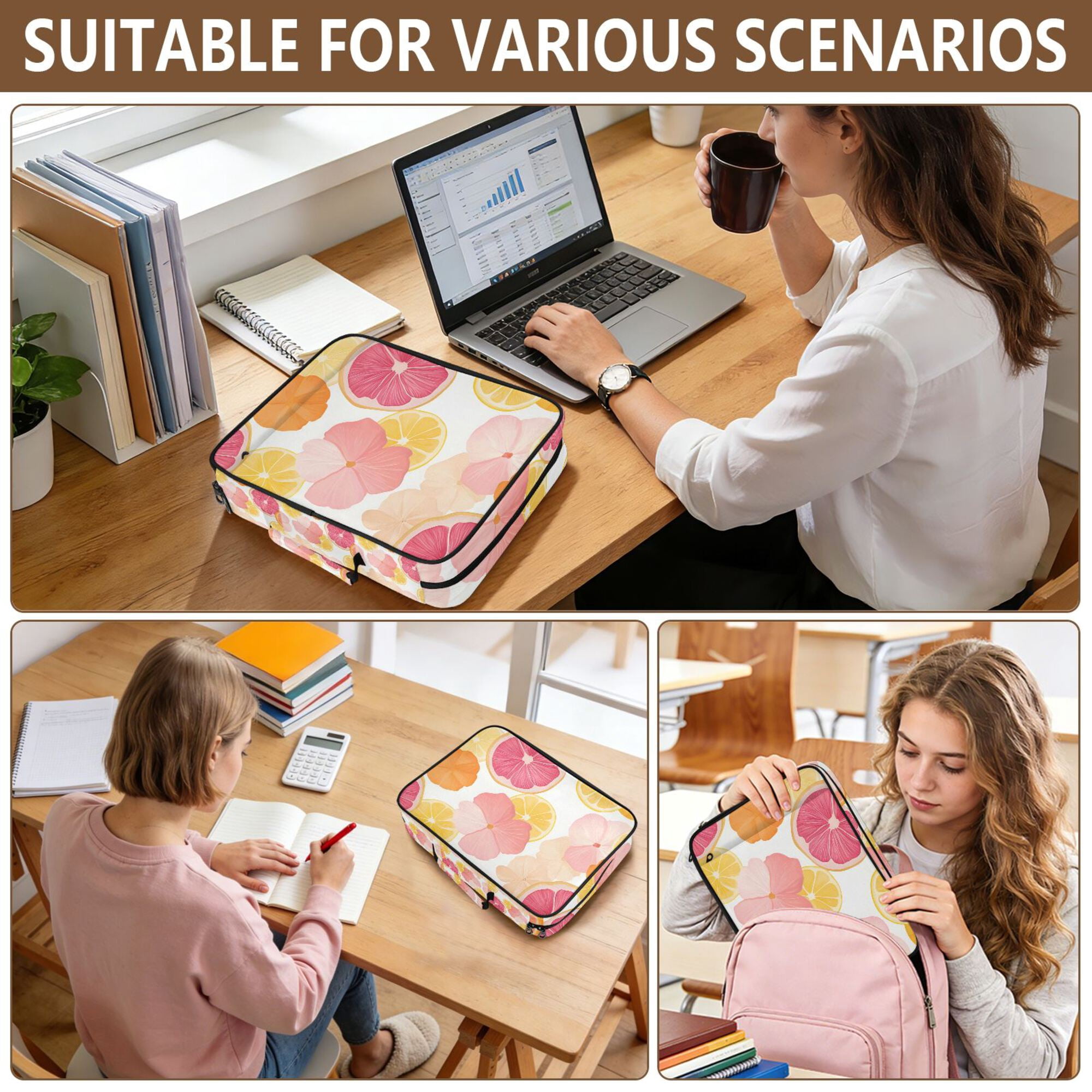 FORMRS Accordion File Folder A4 Size 7-Pocket Expanding Document Organizer Bag with 3 Ring Binder, Pink Floral Orange