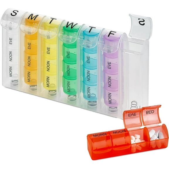 MEDca Pop-up Weekly Pill Organizer – Plastic Box with 4 Daily Compartments