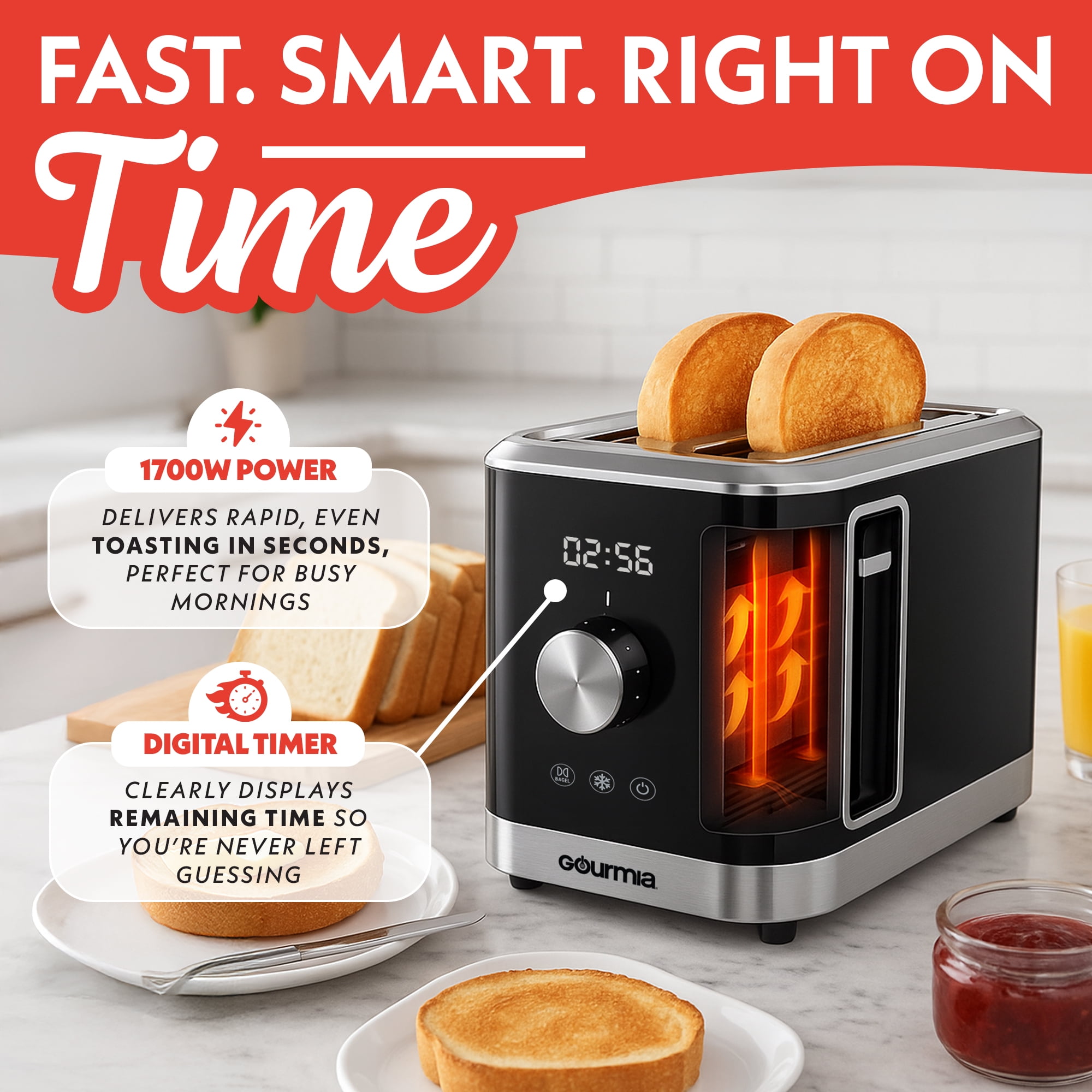 Gourmia 2 Slice Toaster with 6 Browning Levels, Bagel & Defrost Modes, Wide Slots, Slide‑Out Crumb Tray