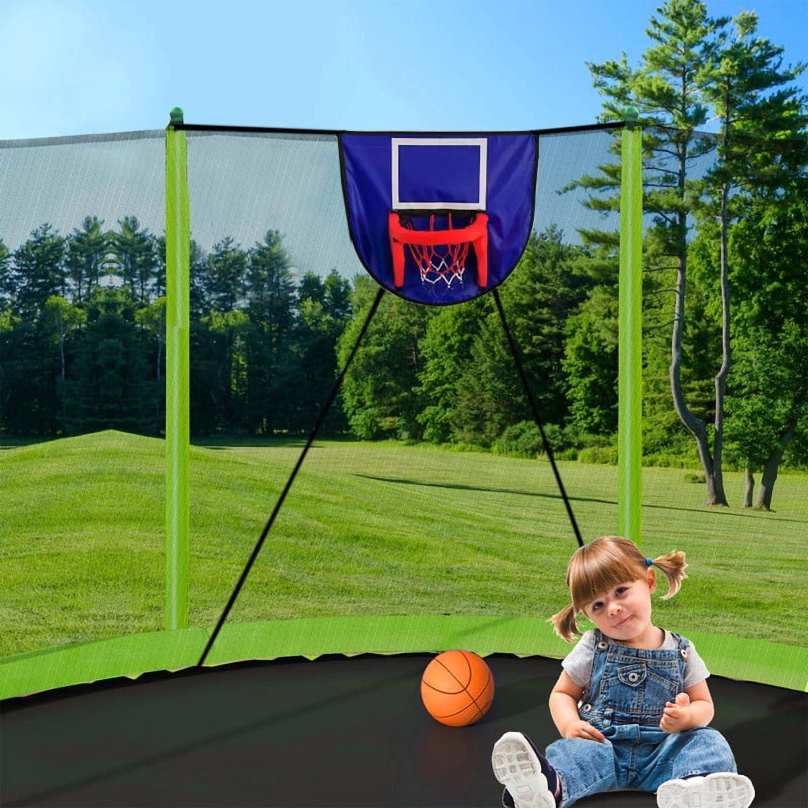 15FT Trampoline with Basketball Hoop, Ladder & Inflator, Outdoor Backyard Trampoline with Safety Enclosure Net, Rust-Resistant Galvanized Frame for Kids & Adults, Green