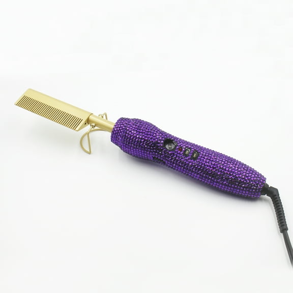 Electric Hot Comb & Hair Straightening Diamond handle Heat Pressing Comb Multifunctional Copper Hair Straightener Brush- Straightening Comb Purple