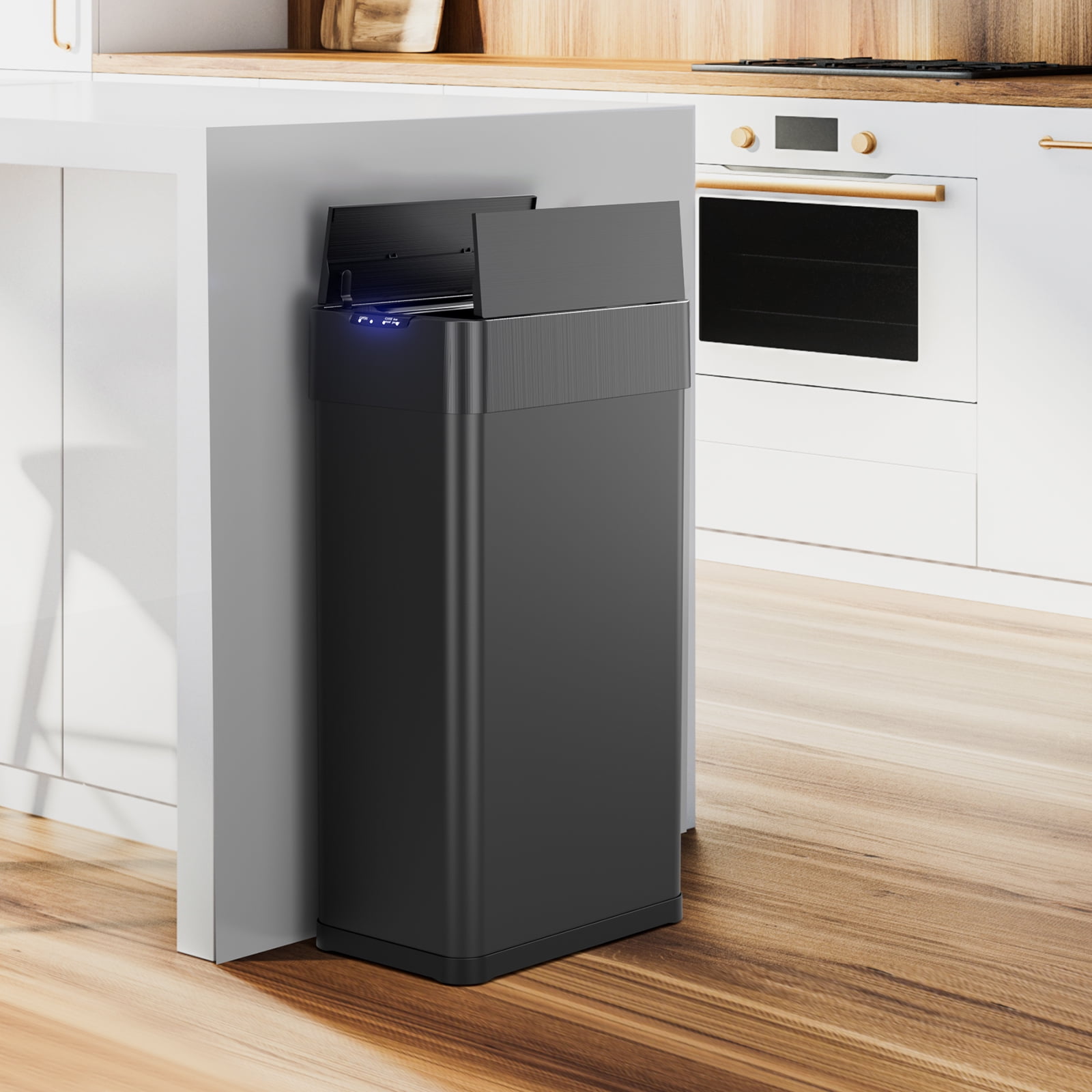 Arlopu Automatic Trash Can 16 Gallon Wings Open Lid Sensor Garbage Can with Soft-Close Lid and Display Light