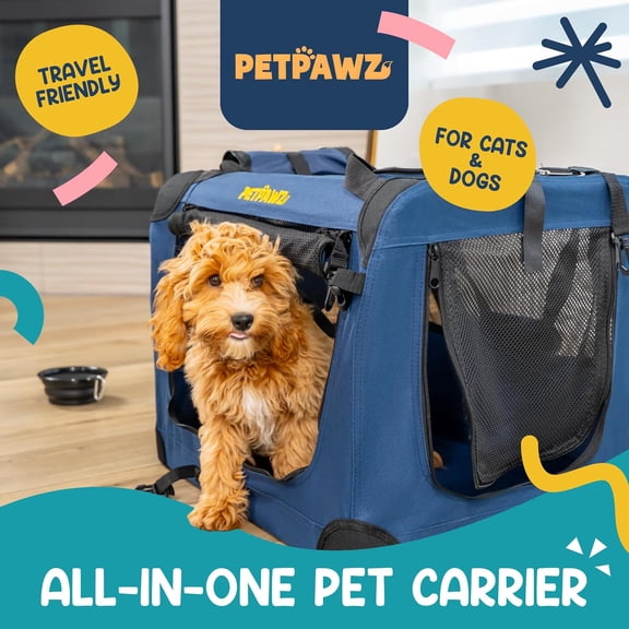 Portable Collapsible Dog Crate with Litter Box, Soft Pet Carrier 24x16x16, Foldable Bowl, Detachable Pouch, Removable Mat, for Large Cats & Small Dogs