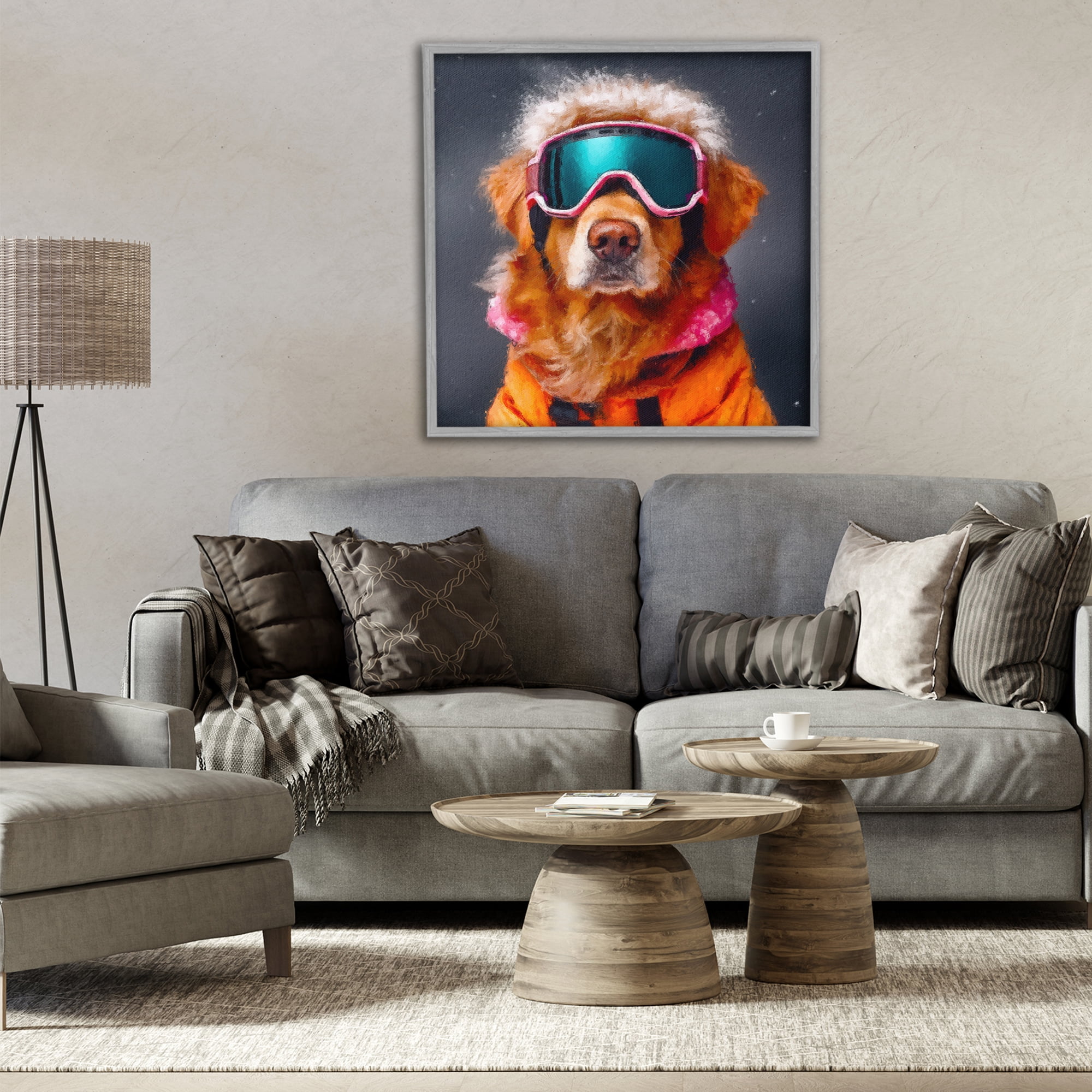 Ski Dog with Goggles Gray Framed Giclee Art, design by Sean Parnell